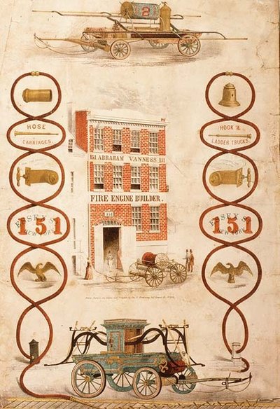 Annonse for Abraham Vanness, brannbilbygger og produsent av brannslokkingsutstyr, pub. av Geo. G. Gratacap, New York, ca. 1850 (litho) av American School