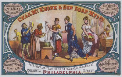 Annonse for Charles McKeone & Son Soap Manufacturing Company, Philadelphia, Pennsylvania, USA (farge litho) av American School
