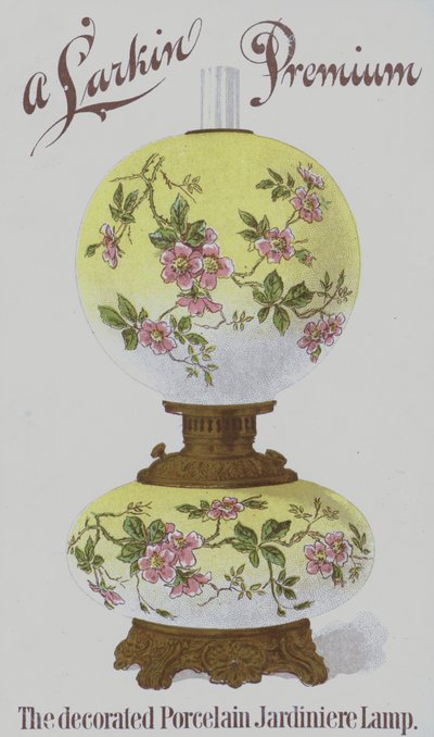 Annonse for Larkin Premium dekorerte jardiniere-lamper i porselen (chromolitho) av American School