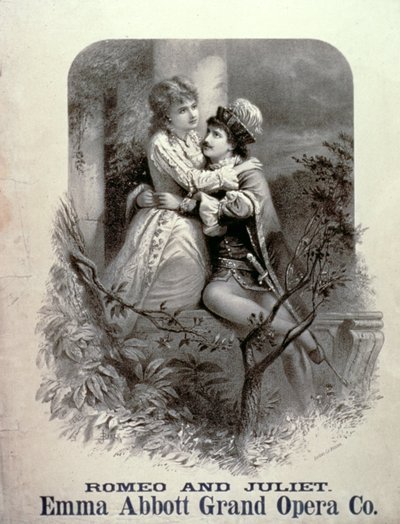 Annonse for Romeo And Juliet, med Emma Abbott i hovedrollen, Grand Opera Company av American School