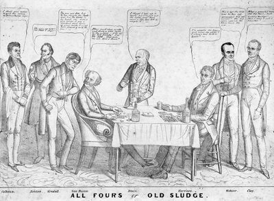 All Fours or Old Sludge , politisk tegneserie som viser president Martin Van Buren (1782-1862) som spiller kort mot William Henry Harrison (1773-1841) blant andre statsmenn og politikere, 1836 (litho) av American School