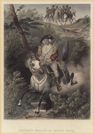 Den amerikanske generalen Israel Putnams flukt fra britene ved Horse Neck, Connecticut, den amerikanske uavhengighetskrigen av American School