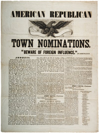American Republican Town Nominations: Beware of Foreign Influence, ca. 1845 av American School