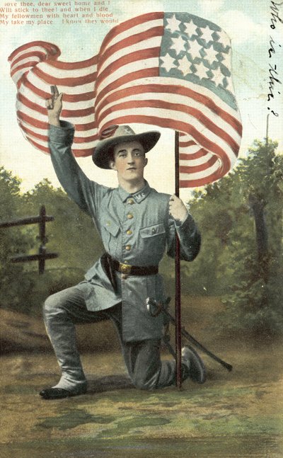 Amerikansk soldat som holder Stars and Stripes (fargebilde) av American School