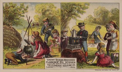 Amerikanske handelskortreklamesymaskiner og oljeovner produsert av Florence Machine Company, Massachusetts, ca 1880-tallet av American School