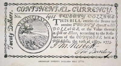 Amerikansk tjuedollarseddel fra 1775 (litho) av American School