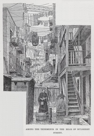 Blant leiegårdene på baksiden av Mulberry Street (litho) av American School