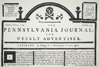 Et amerikansk svar på den britiske pålagte Stamp Act, pub. i The Pennsylvania Journal and Weekly Advertiser 31. oktober 1765 (avispapir) av American School
