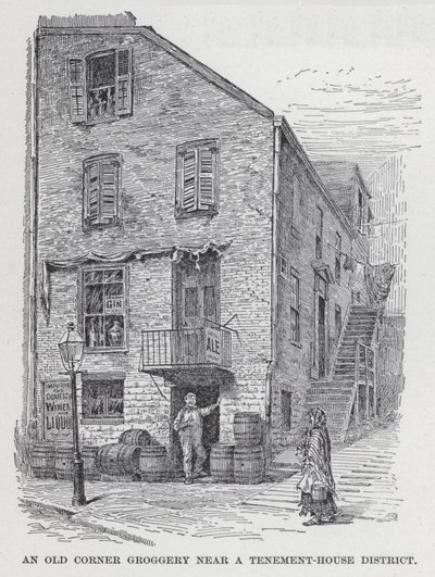 En gammel Corner Groggery nær en Tenement-House District (litho) av American School