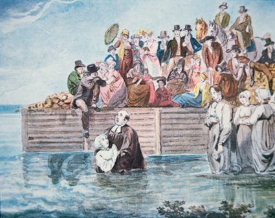 Anabaptister i Philadelphia er vitne til en full nedsenkingsdåp i en elv (farge litho) av American School