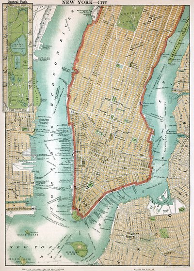 Antikke kart over Lower Manhattan og Central Park av American School