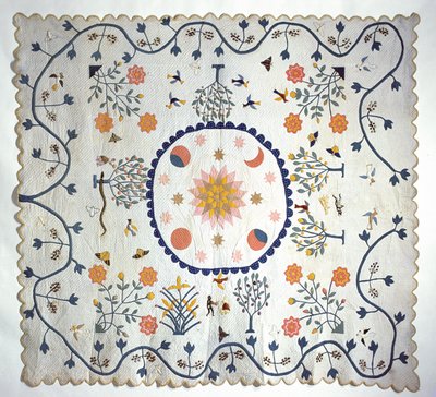 Applikasjonsdyne med sol, måne, stjerner og Edens hage, fra Arkansas, ca. 1850-80 (bomull) av American School