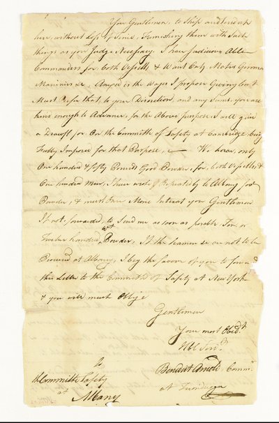 Arnold Benedict (1741-1801) general, kontinental hær, forræder. Autografbrev signert (quot;Benedict Arnold Commr. at Ticonderogaquot;) til komiteen for sikkerhet i Albany, Ticonderoga, 22. mai 1775 (penn og blekk på papir) av American School