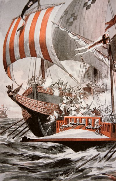 Arouji, bror til Barbarossa, angriper skattegaleiene til pave Julius II, i 1504 (farge litho) av American School