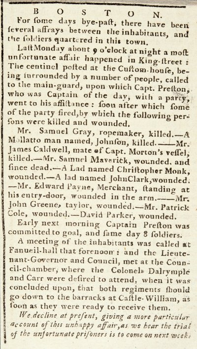 Artikkel fra Boston Chronicle som beskriver hendelsene under Boston-massakren, 5. mars 1770 (avis) av American School