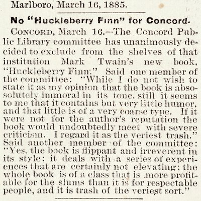 Artikkel i Boston Daily Globe angående forbud mot Huckleberry Finn i Concord, Massachusetts, fra 16. mars 1885 (avispapir) av American School