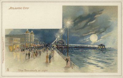 Atlantic City, strandpromenaden om natten (chromolitho) av American School