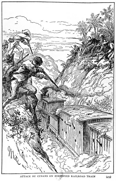 Angrep fra cubanere på befestet jernbanetog, illustrasjon fra The Story of Cuba av Murat Halstead, publisert 1898 av American School