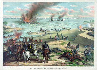 Battle Between the Monitor og Merrimac, 9. mars 1862 på Hampton Roads, nær Norfolk, Virginia, pub. Kurz & Allison, ca. 1889 av American School