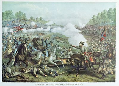 Battle of Opequan eller Winchester, Virginia, gravert av Kurz & Allison av American School