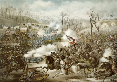 Battle of Pea Ridge, Arkansas, 6.-8. mars, gravert av Kurz & Allison (farge litho) av American School