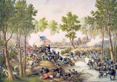 Slaget ved Spottsylvania, mai 1864, gravert av Kurz & Allison av American School