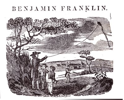 Benjamin Franklin (1706-90) gjennomfører sitt drageeksperiment av American School