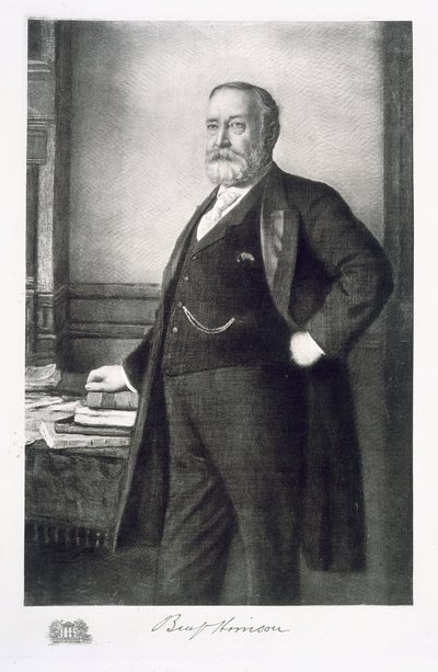 Benjamin Harrison (1833-1901), 23. president i USA, pub. 1901 (fotogravyr) av American School