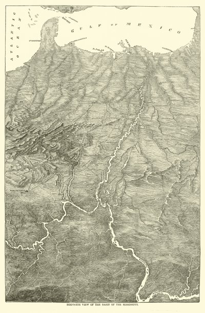Fugleperspektiv av bassenget i Mississippi, 1862 av American School