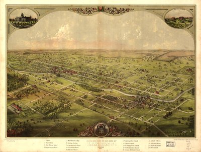 Fugleperspektiv av byen Lansing, Michigan 1866 (farge litho) av American School