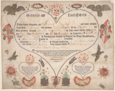 Fødsels- og dåpsattest (Geburts und Taufschein) for Maria Catharina Raup ca. 1806 (penn og blekk med akvarell på papir) av American School