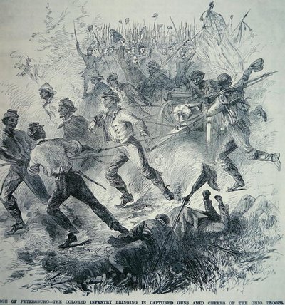 Svarte tropper fra unionshæren henter inn fangede våpen under beleiringen av Petersburg (1864–65) (litho) av American School