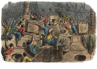 Boston Tea Party, ca. 1860-tallet (håndfarget gravering) av American School