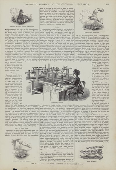 Brasiliansk silkeorm-utstilling i Machinery Hall, Centennial Exposition, Philadelphia, Pennsylvania, USA av American School