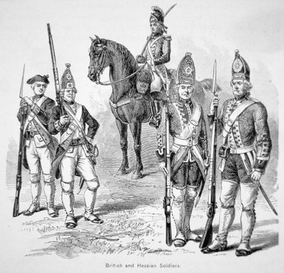 Britisk og hessisk soldat, under den amerikanske revolusjonskrigen (gravering) av American School