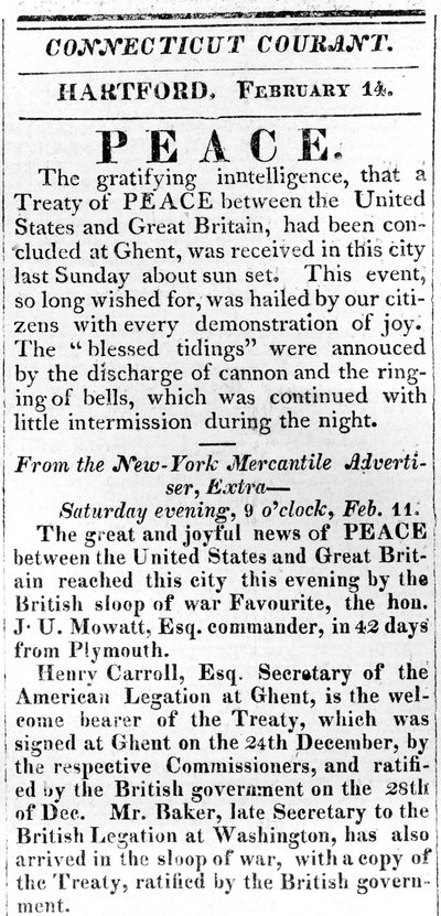 Bredside kunngjør fred mellom USA og Storbritannia etter krigen i 1812, trykt i Connecticut Courant, 1815 (trykk) av American School
