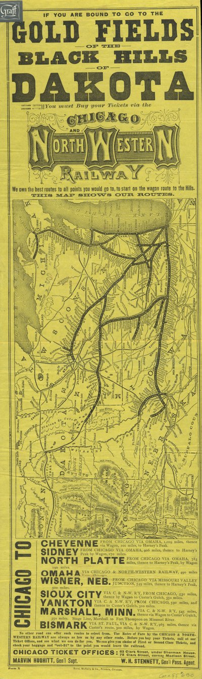 Broadside for Chicago og North Western Railway, trykt av Rand McNally, ca. 1870 av American School