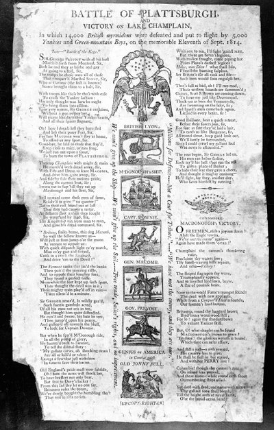 Broadside fra krigen i 1812, med slaget ved Plattsburgh og Victory on Lake Champlain (trykk) av American School