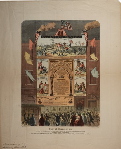 Bredside angående rekruttering av afroamerikanere og feiring av frigjøring i Maryland, Ringwalt & Brown (fl.1863-1865), ca. 1. november 1864 (se også GLC 696015, 696016 og 696017) av American School