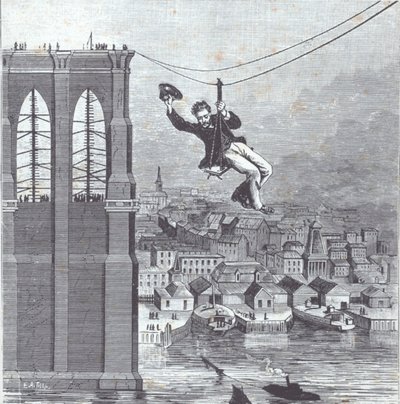 Brooklyn Bridge under bygging; Herr Farrington, sjef for konstruksjonsleder, er den første som krysser spennet mellom de to pylonene 25. august 1876 (gravering) av American School