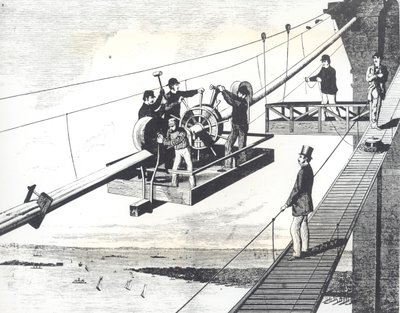 Brooklyn Bridge under bygging i 1876, flettet opphengskablene (gravering) av American School
