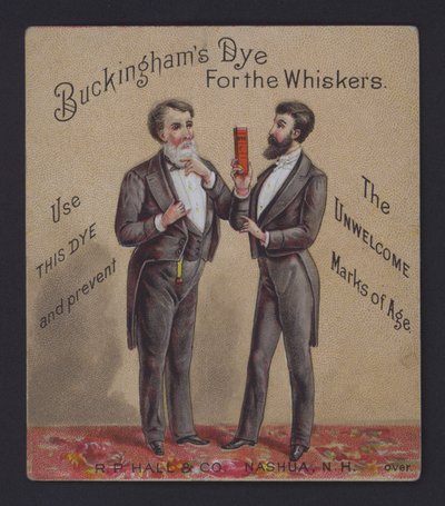 Buckinghams fargestoff for værhår for menn, reklame (chromolitho) av American School