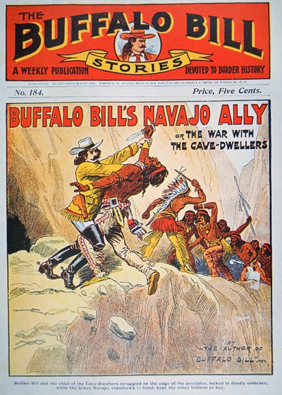Buffalo Bill's (1864-1917) Navajo Ally, omslagsillustrasjon fra 'Buffalo Bill Stories', ca. 1890 (litho-farge) av American School