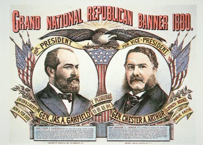 Kampanjeplakat for presidentkandidat James A. Garfield (1831–81) og løpskamerat, Chester A. Arthur (1829–86) 1880 (farge litho) av American School