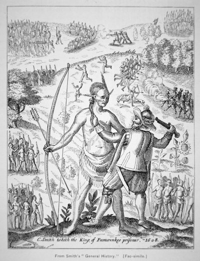 Kaptein John Smith (1580-1631) fanget en indianerhøvding i 1608, fra Smiths 'General Historie of Virginia, New England & the Summer Isles' av American School