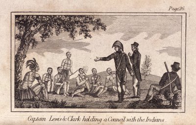 Kaptein Lewis & Clarke holder et råd med indianerne, pub. 1812 (gravering) av American School