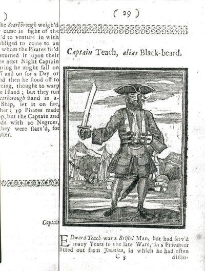 Captain Teach, Alias Black Beard, fra History and Lives of All the Most Notorious Pirates and their Crews, London, 1725 av American School