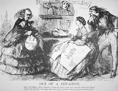 Tegneserie i Vanity Fair Magazine som satirerer det amerikanske folkets avvisning av James Buchanan (1791-1868), 7. april av American School