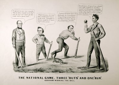 Tegneserie som viser Abraham Lincoln (1809-65) som vinner ballen mot motstanderne Douglas, Bell og Breckenridge i presidentvalget i 1860, 1860 av American School
