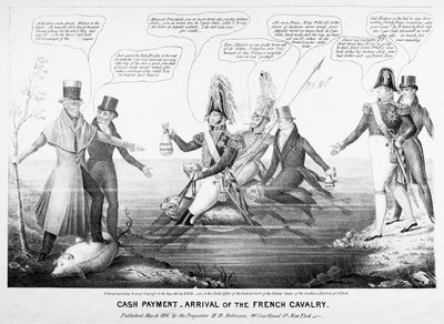 Kontantbetaling - Ankomst av det franske kavaleriet, utgitt av HR Robinson, New York, 1836 (gravert) av American School